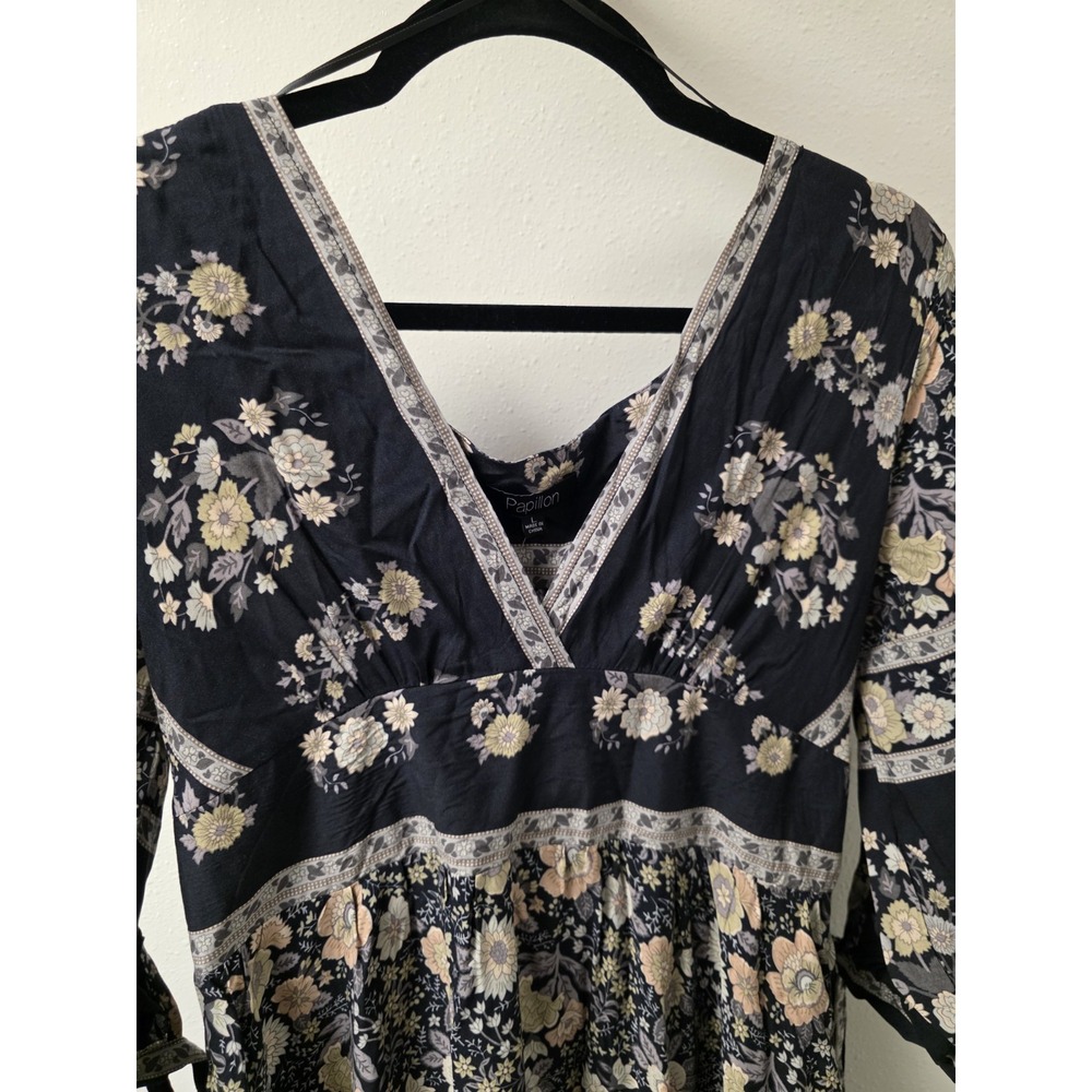 Papillon Boho Floral Maxi Dress Women's L–100% Viscose, Tie-Sleeve, V-Neck,‎ NWT - Picture 4 of 9